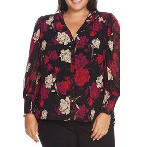 NEW Vince Camuto Red Floral Smock Cuff Blouse 2X